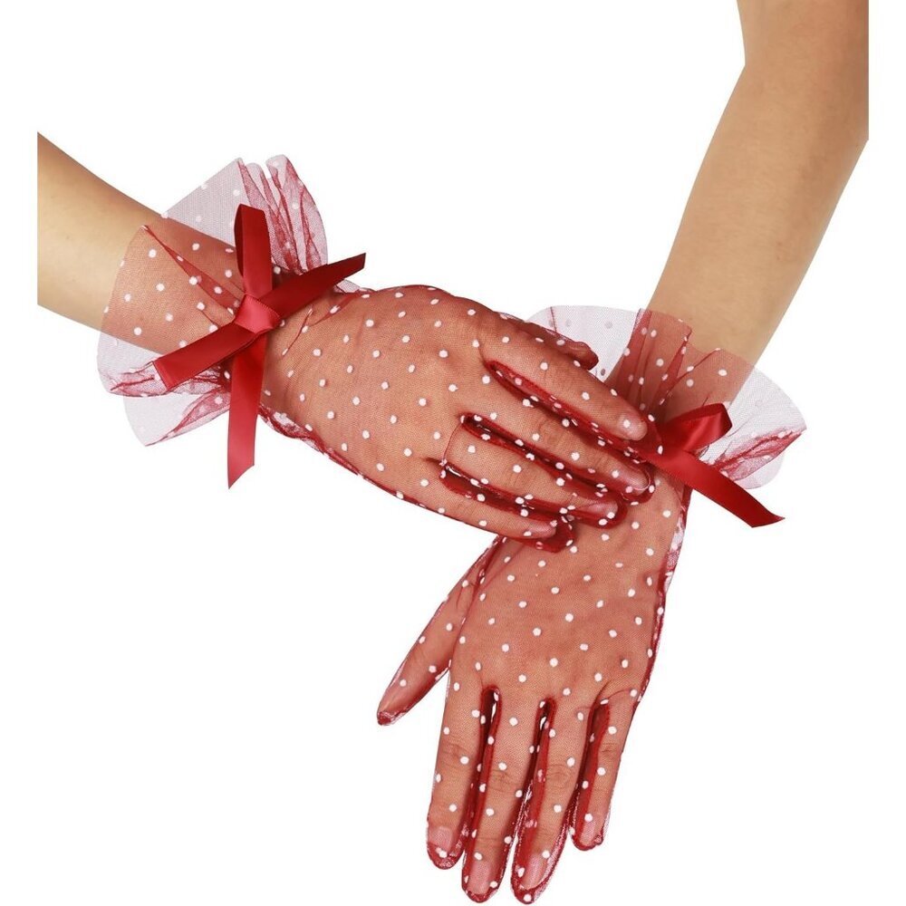 Women's Evening Burgundy Bow Short Lace Gloves Ruffles Wedding Party Accessories